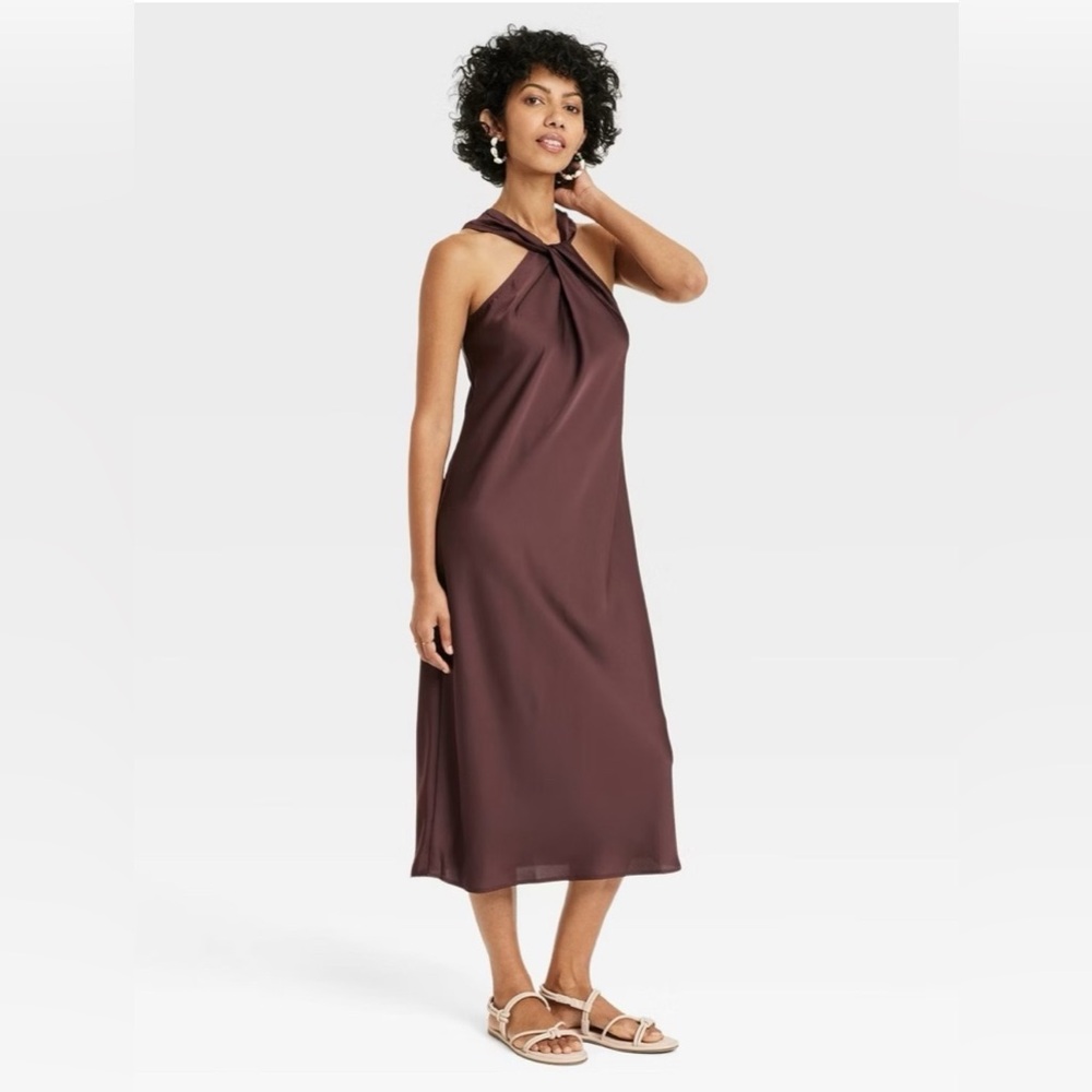 Chocolate Brown Satin Midi Dress